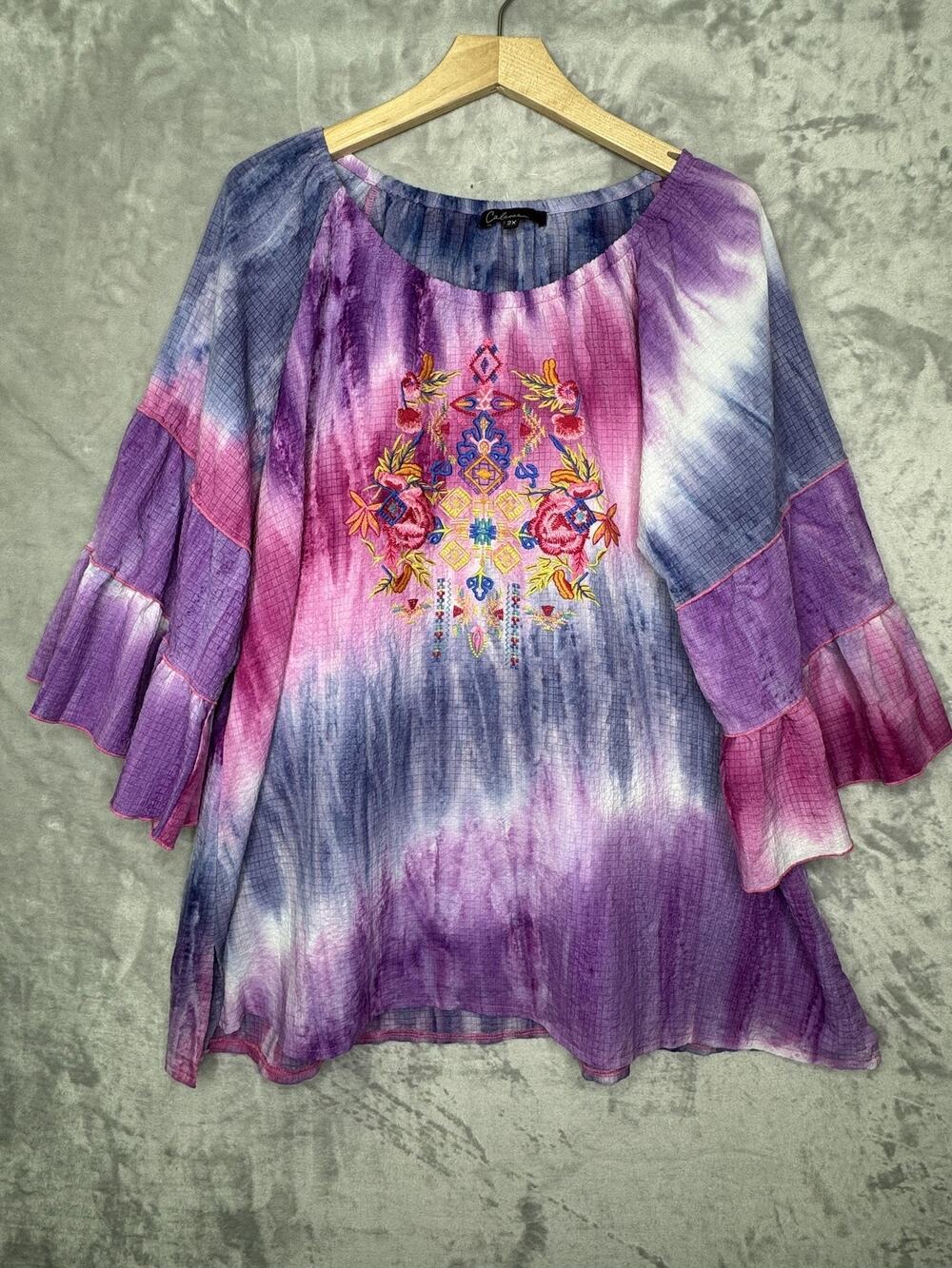 Calessa 2X Purple Tie Dye Floral Embroidered Top 3/4 Bell Sleeve Pink Boho